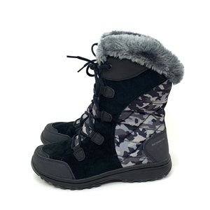 Columbia Waterproof Suede Leather Winter Boots Black & Gray Camo Faux Fur Trim